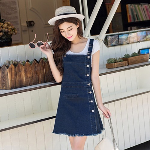 ĐẦM JEAN YẾM 2 DÂY CÀI NÚT TRƯỚC